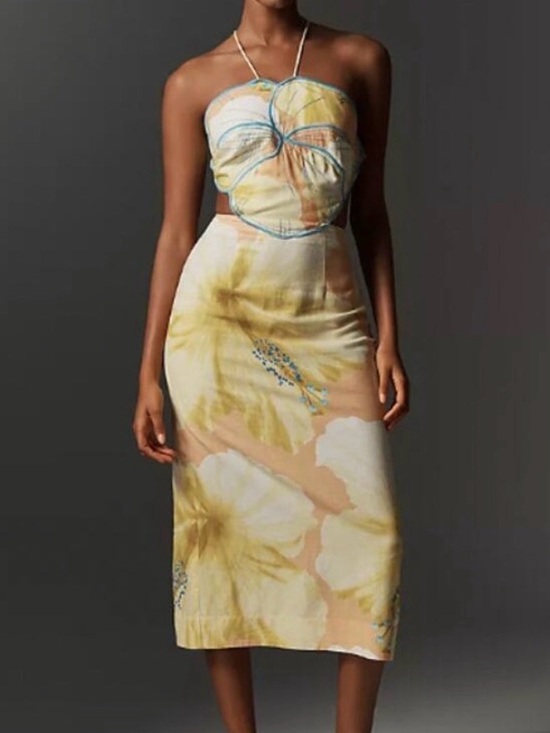 FARM Rio Dresses & Skirts - FARM Rio Yellow & Cream Floral Halter Midi Dress